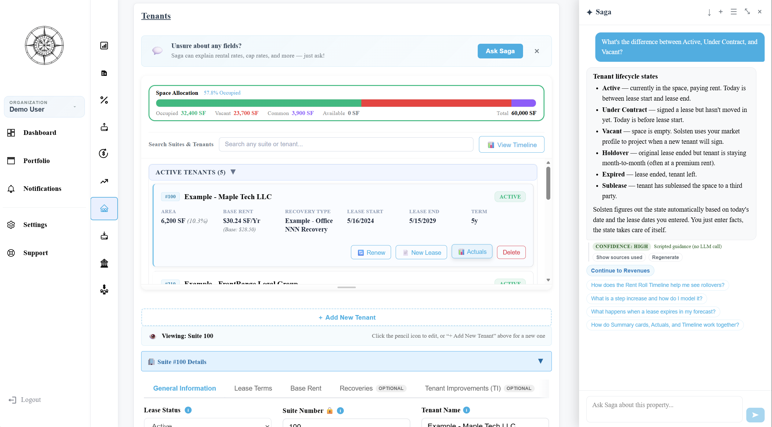 Tenant lifecycle form with accordion sections for lease terms, step increases, renewal probability, and more